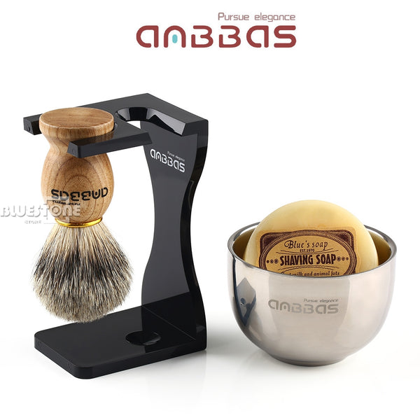 Anbbas Barber Shaving Brush Badger Hair+Black Acrylic Stand+bowl+Soap Set