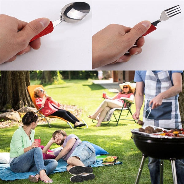 4 in 1 Outdoor Tableware (Fork/Spoon/Knife/Bottle Opener) Camping Stainless Steel Folding Pocket Kits for Hiking Survival Travel