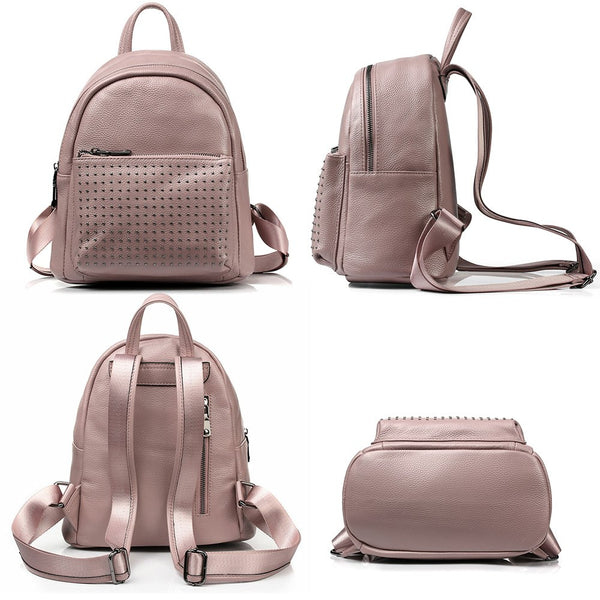 Zency 100% Genuine Leather Holiday Women Backpack With Rivet Preppy Style Schoolbag For Girls Fashion Travel Knapsack Taro Pink