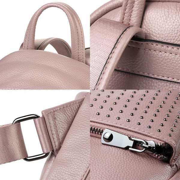 Zency 100% Genuine Leather Holiday Women Backpack With Rivet Preppy Style Schoolbag For Girls Fashion Travel Knapsack Taro Pink