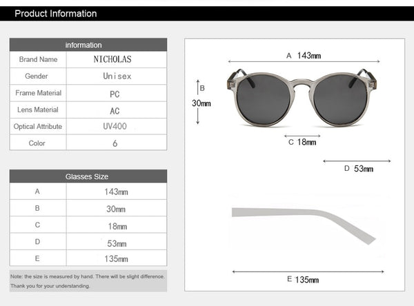 NICHOLAS Retro Round Sunglasses Women Men Brand Design Transparent Female Sun glasses Men Oculos De Sol Feminino Lunette Soleil