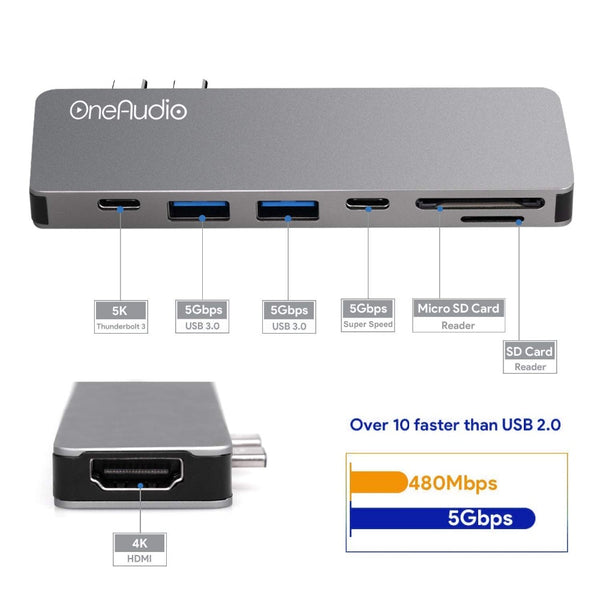 OneAudio USB C HUB Thunderbolt 3 Type C Adapter USB-C with 4K HDMI PD 2 USB 3.0 Micro SD TF Card Reader for Macbook Pro 13 15