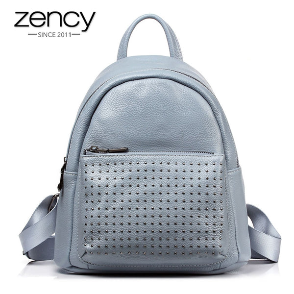 Zency 100% Genuine Leather Holiday Women Backpack With Rivet Preppy Style Schoolbag For Girls Fashion Travel Knapsack Taro Pink