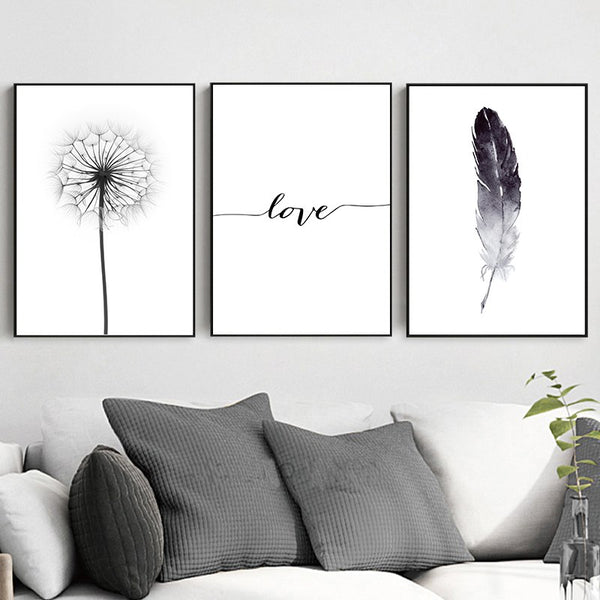 Black and White Dandelion Feathers Poster and Print Letter Love Wall Art Canvas Painting Home Picture Wall Decoration