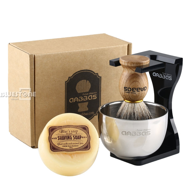 Anbbas Barber Shaving Brush Badger Hair+Black Acrylic Stand+bowl+Soap Set