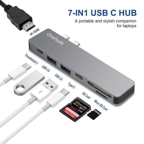 OneAudio USB C HUB Thunderbolt 3 Type C Adapter USB-C with 4K HDMI PD 2 USB 3.0 Micro SD TF Card Reader for Macbook Pro 13 15