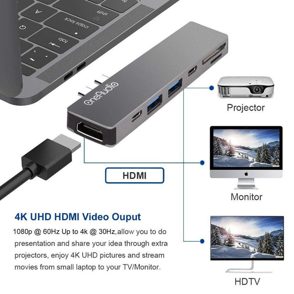OneAudio USB C HUB Thunderbolt 3 Type C Adapter USB-C with 4K HDMI PD 2 USB 3.0 Micro SD TF Card Reader for Macbook Pro 13 15