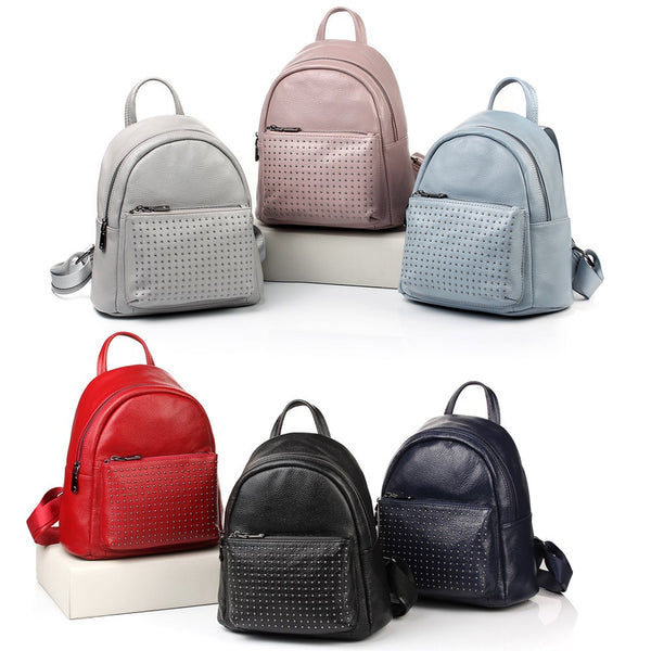 Zency 100% Genuine Leather Holiday Women Backpack With Rivet Preppy Style Schoolbag For Girls Fashion Travel Knapsack Taro Pink